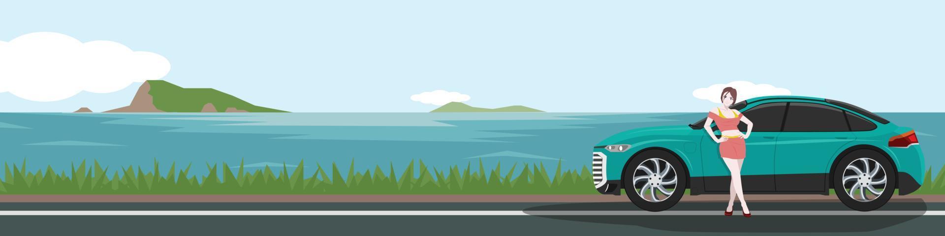 landschap visie van luxe auto parkeren naast zeestrand. vrouw staand naast weg voor post actie voor reizen. vector of illustrator voor banier achtergrond.