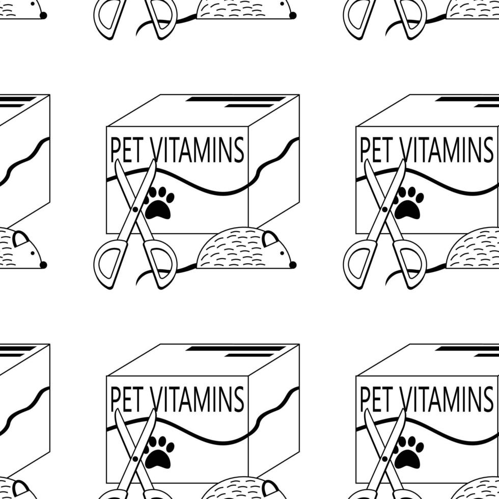patroon met vitamines voor dieren, katten, honden, speelgoed- muis en schaar, huisdier zorg. vector