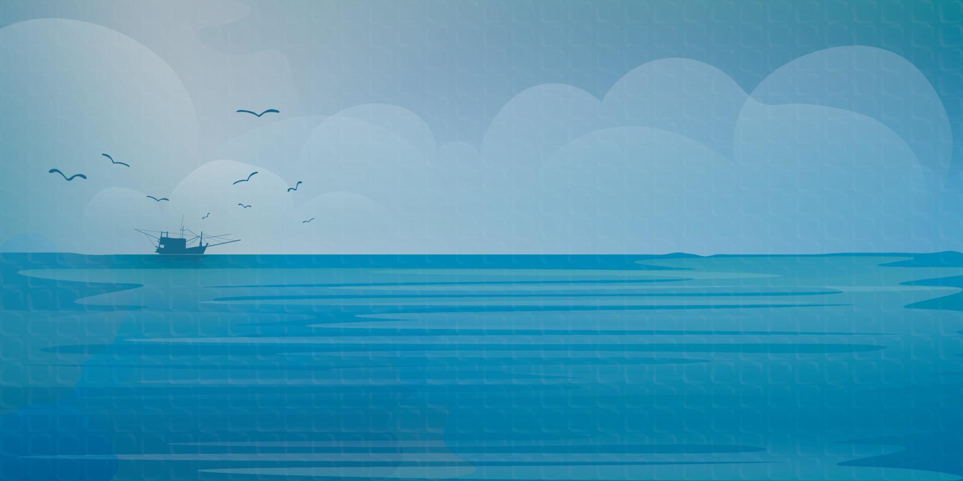 zeegezicht met visvangst boot gevolgd door meeuwen Bij horizon vector illustratie aquarellen stijl Aan papier getextureerd. oceaan met lucht en wolken achtergrond.
