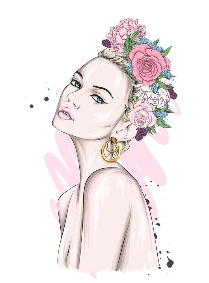 portret van een mooi meisje in een bloemenkrans. mode en stijl, kleding en accessoires. vector