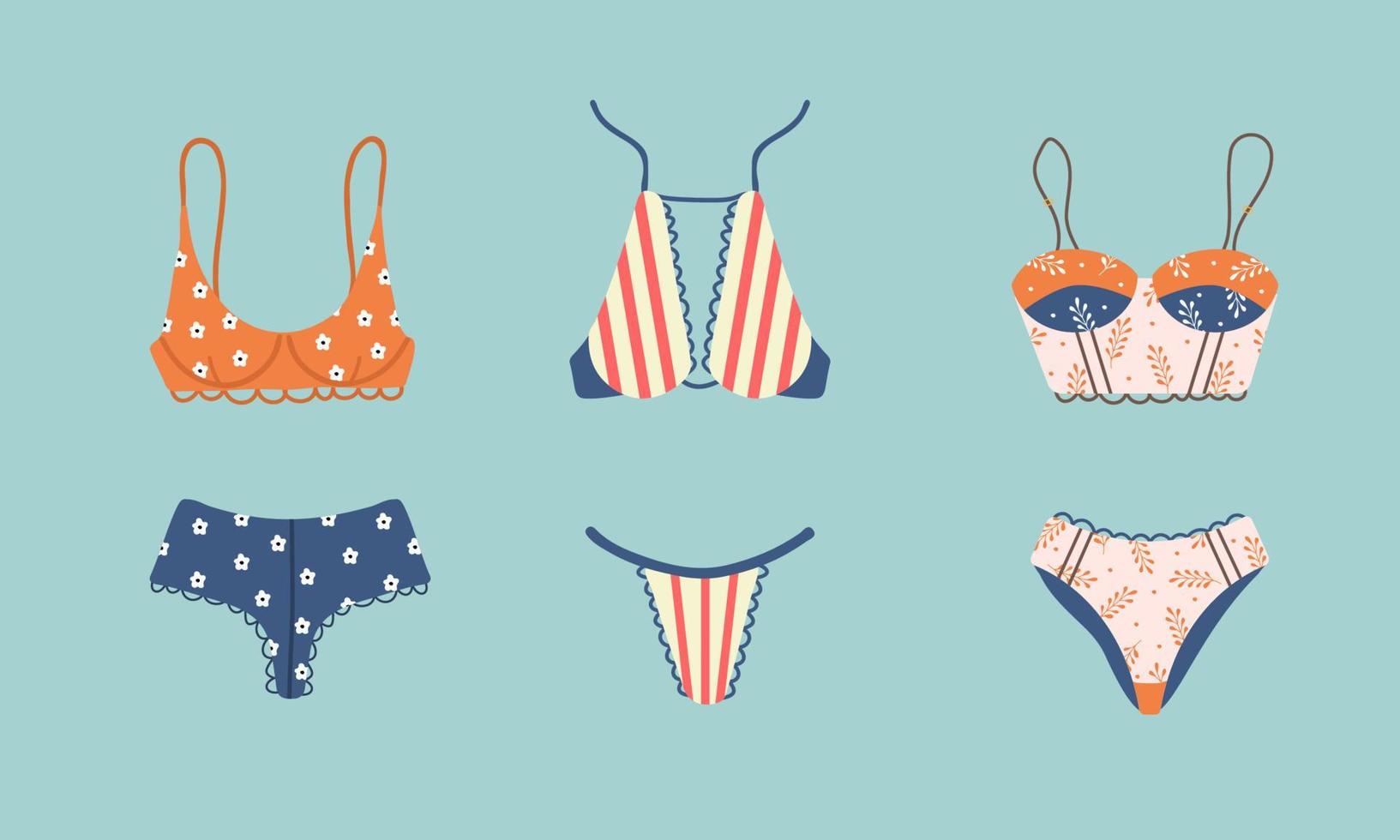 modern vrouw lingerie of badmode set. modieus hand- getrokken ondergoed of bikini tops en bodems. vector