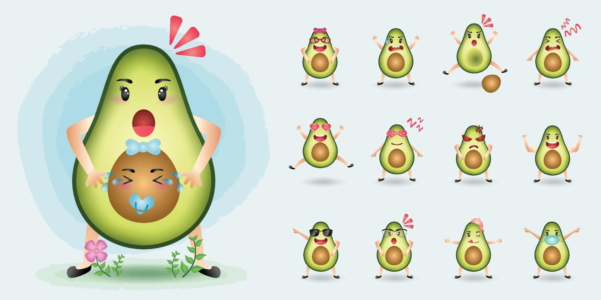 schattige mascotte avocado-tekenset vector