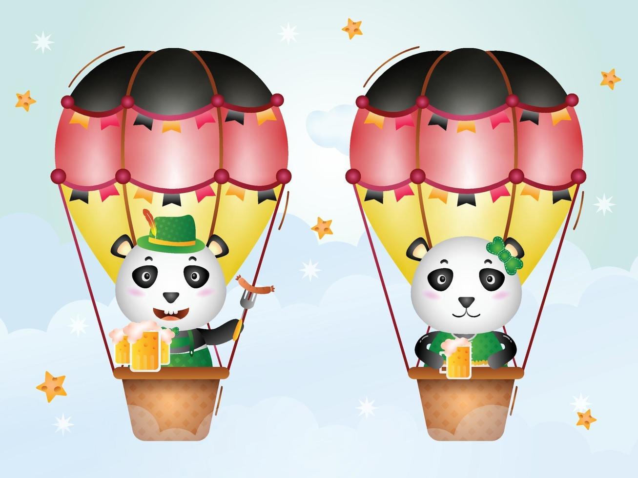 schattige panda op hete luchtballon met traditionele oktoberfest-jurk vector