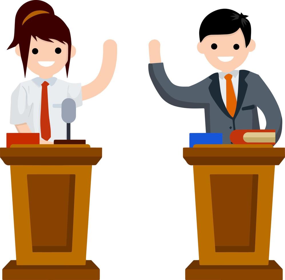 presidentieel debat. dialoog tussen Mens en vrouw achter de podium. toespraak van docent Bij lezingen. controverse meisje en vent in pakken. rood vs blauw. vlak tekenfilm. politiek verkiezing en stemmen vector