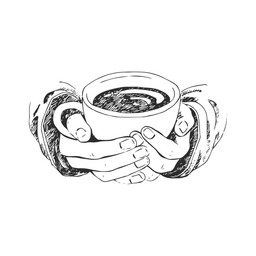 hand getrokken schets van handen met een kopje koffie, thee etc. vectorillustratie geïsoleerd op een witte achtergrond. realistische tekening van mooie hand met een mok met een warme drank vector