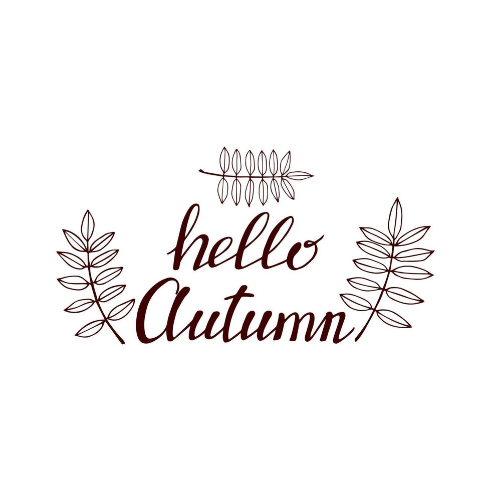 hand getrokken belettering met decoratieve elementen, herfstbladeren. tekst hallo herfst op de witte achtergrond. vector illustratie. perfect voor prints, flyers, banners, uitnodigingen