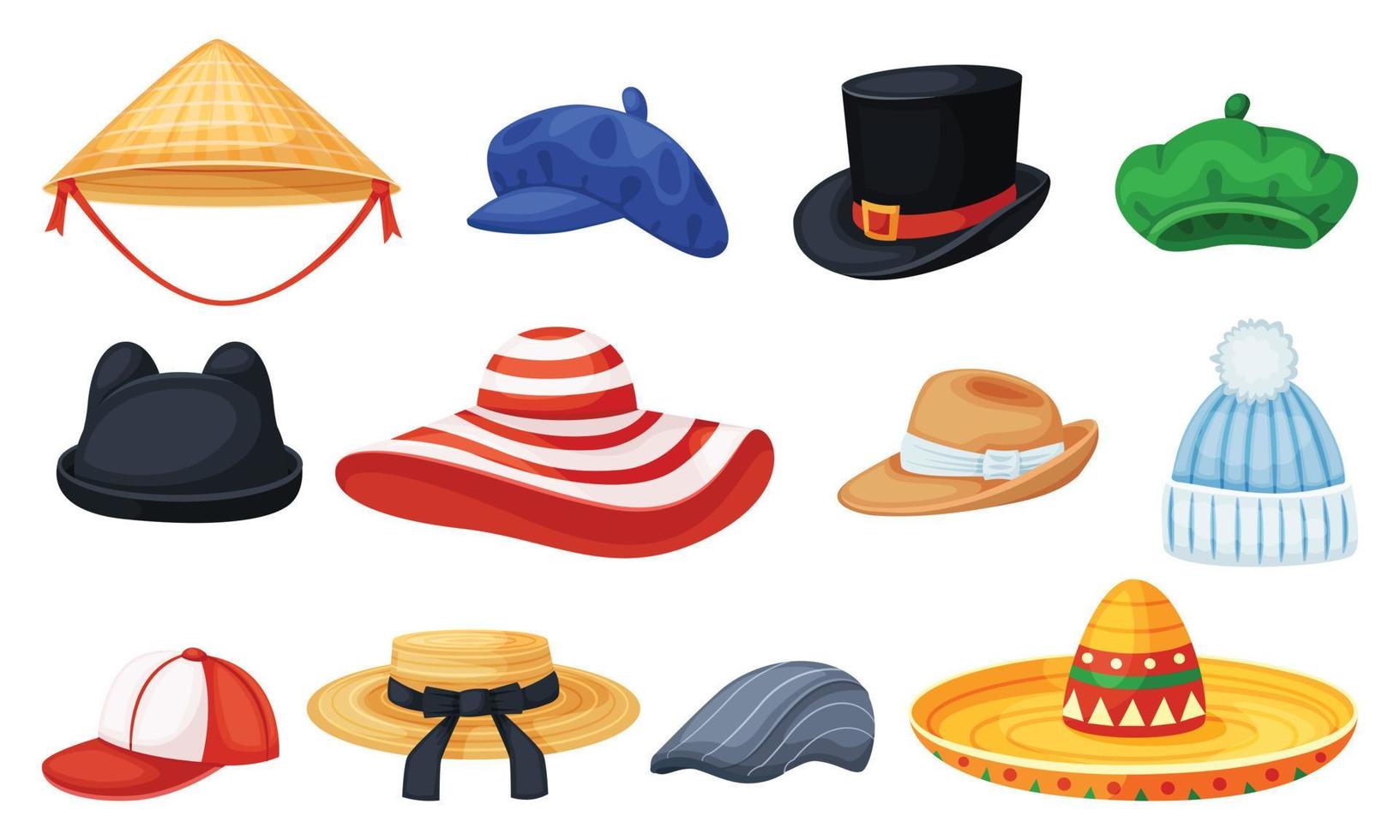 tekenfilm hoeden. cilinder, Panama, basketbal pet, baret, sombrero. Mens en Dames zomer elegant hoofddeksels, mode hoofd accessoires vector reeks