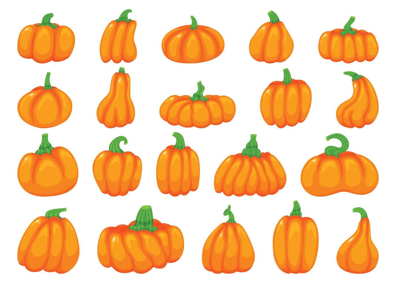 tekenfilm halloween pompoenen, vallen traditioneel oranje pompoen. schattig pompoenen in divers vormen, squash groente, herfst decor element vector reeks