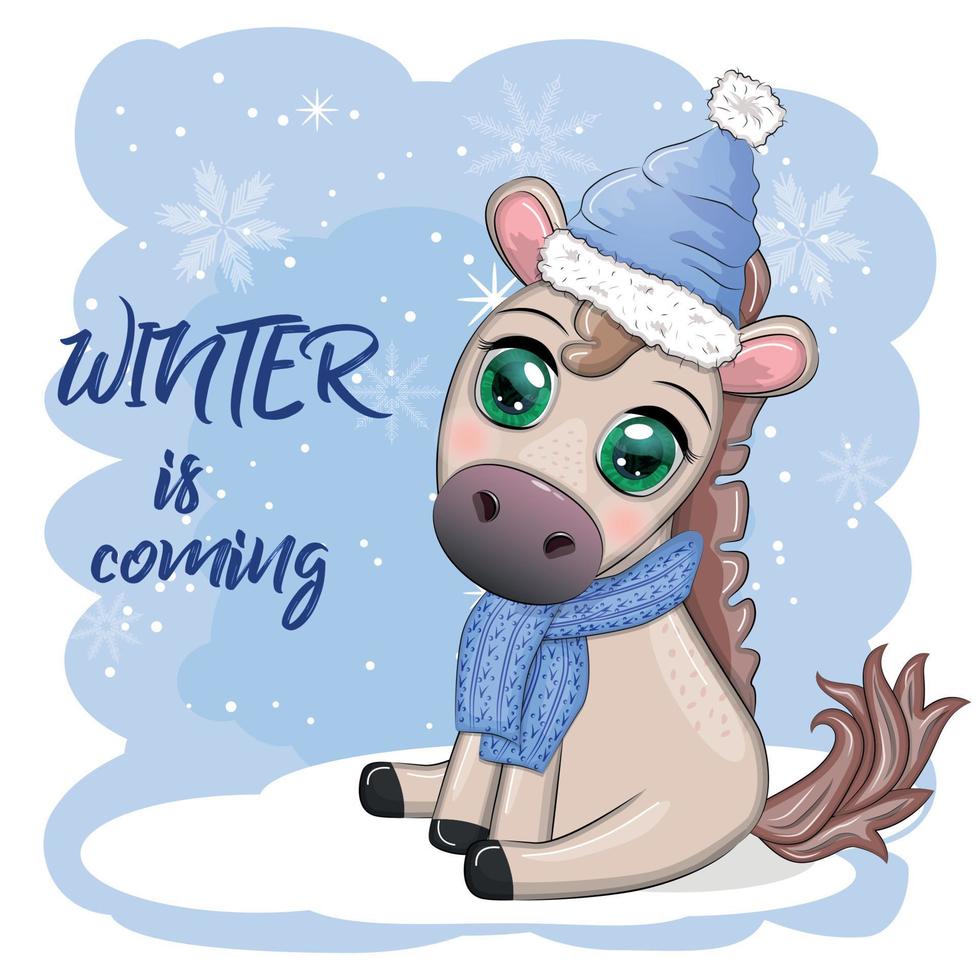 schattig paard, pony in santa's hoed met snoep kane, Kerstmis bal, geschenk, ijs het schaatsen. winter is komt eraan vector