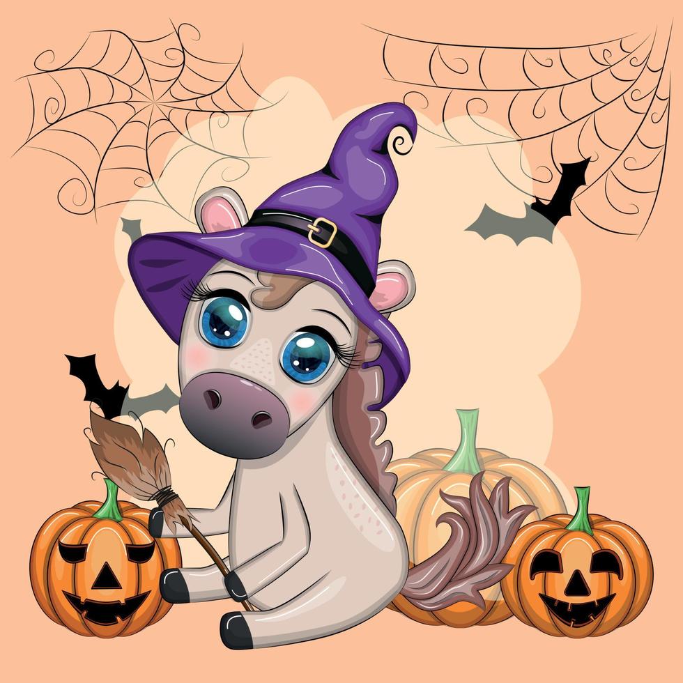 schattig paard, pony in een Purper heks hoed, met een bezem, pompoen, toverdrank. halloween kaart voor de vakantie vector