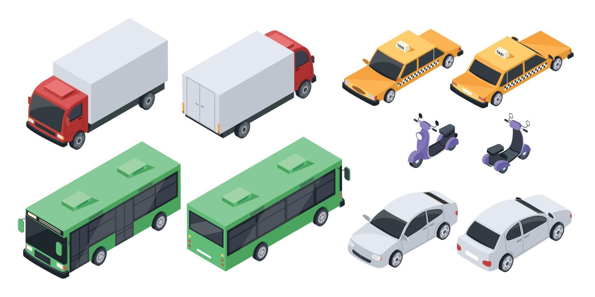 isometrische 3d stad vervoer, vervoer voertuigen, auto's. voorkant en terug visie van sedan auto, openbaar bus, lading vrachtwagen, scooter vector reeks