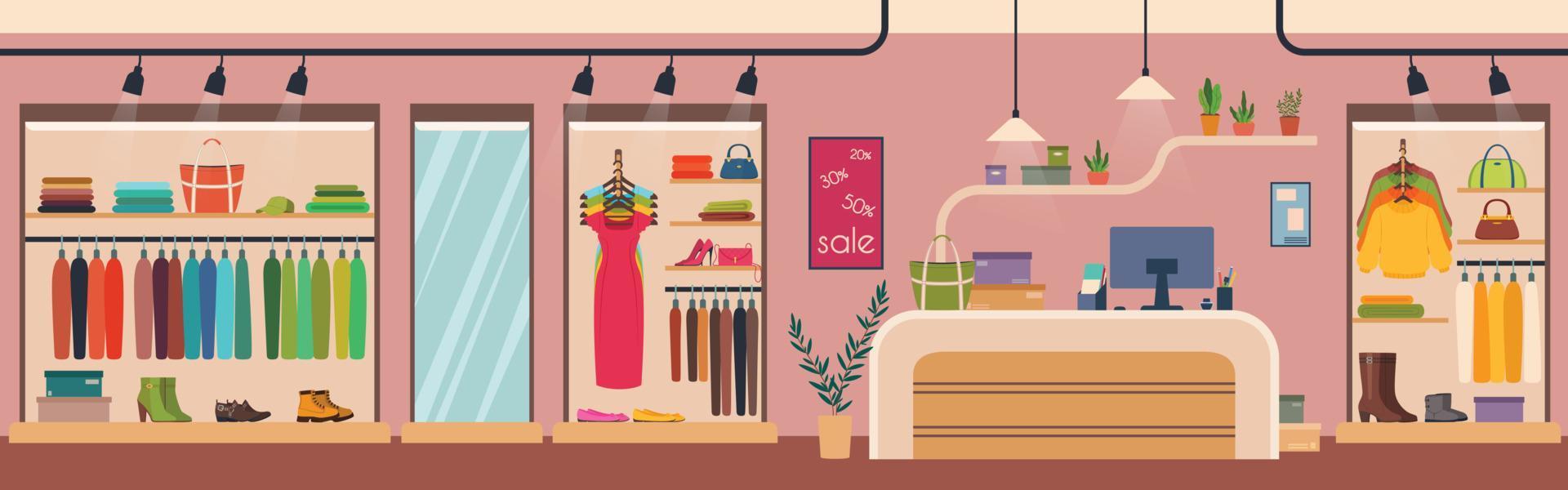 Dames kleren op te slaan, mode winkel interieur. vrouw kleding en accessoires kleinhandel kleding winkel met teller tafel vector illustratie