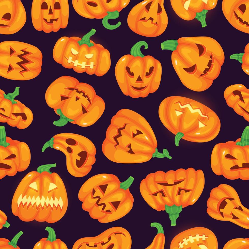 tekenfilm grappig halloween pompoenen met spookachtig gezichten naadloos patroon. schattig gloeiend oranje pompoen, herfst vakantie decoratie vector achtergrond