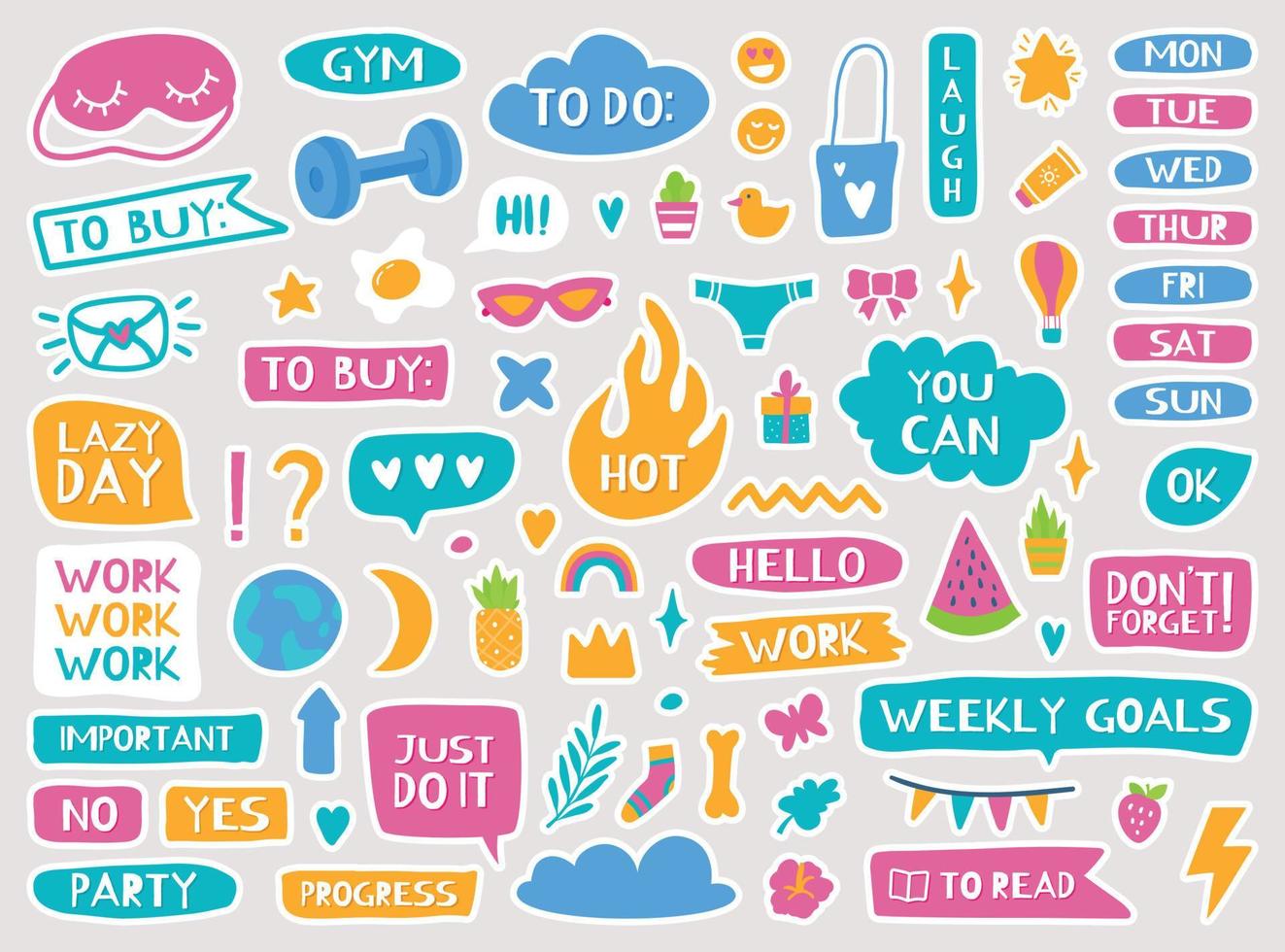 schattig ontwerper stickers, dagboek of notitieboekje modieus decor elementen. kalender herinneringen, citaten, dagelijks of wekelijks ontwerper tekening sticker vector reeks