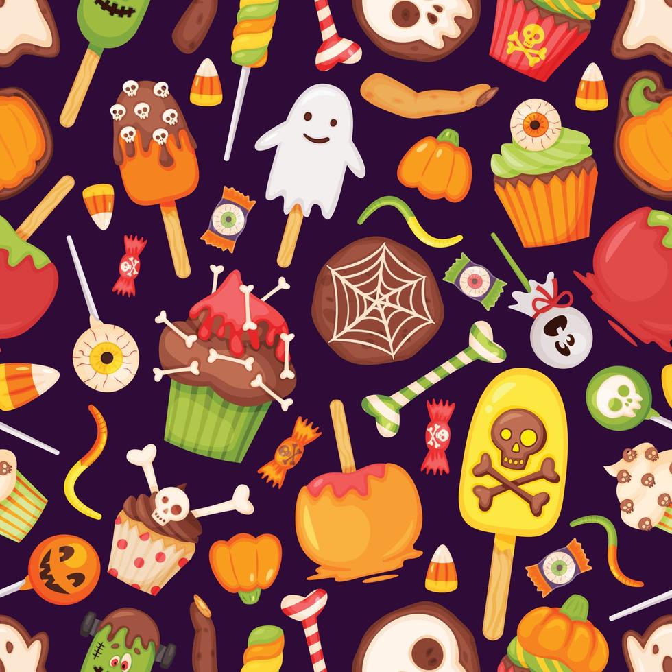 tekenfilm halloween traktaties, snoepjes en snoepgoed naadloos patroon. spookachtig oog lolly, geest koekje, karamel appel. oktober vakantie vector structuur