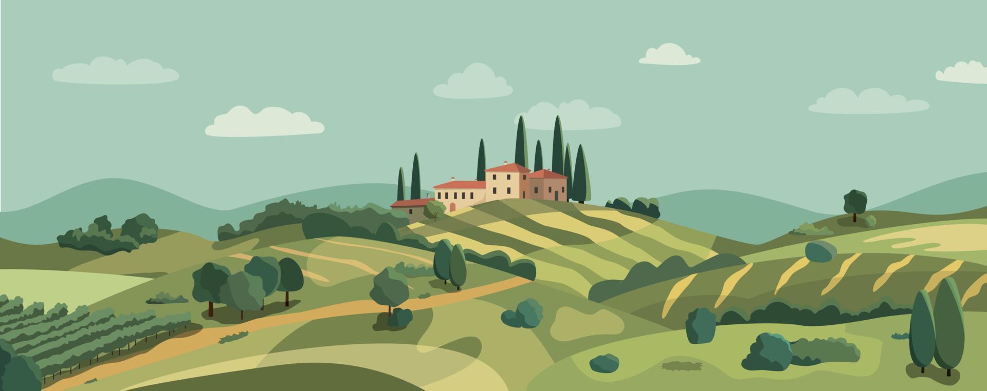 Italiaans dorp tekenfilm landschap met groen heuvels en velden. vector illustratie. vlak ontwerp poster. Europese zomer dorp. Europese platteland in val. land huizen