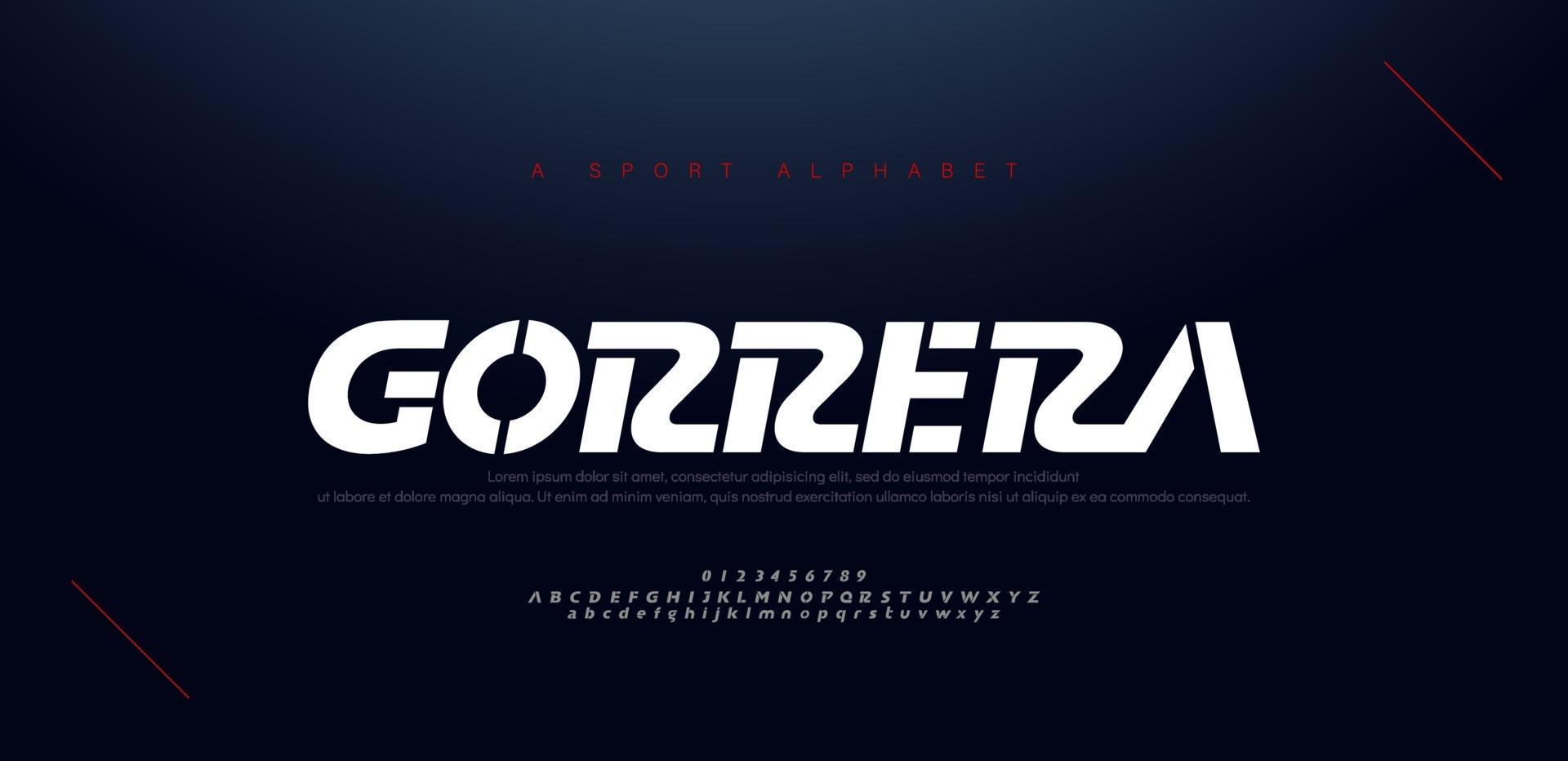 sport moderne cursieve alfabetlettertypen en nummer. typografie, abstracte technologie, mode, digitaal, toekomstig creatief logolettertype. vector