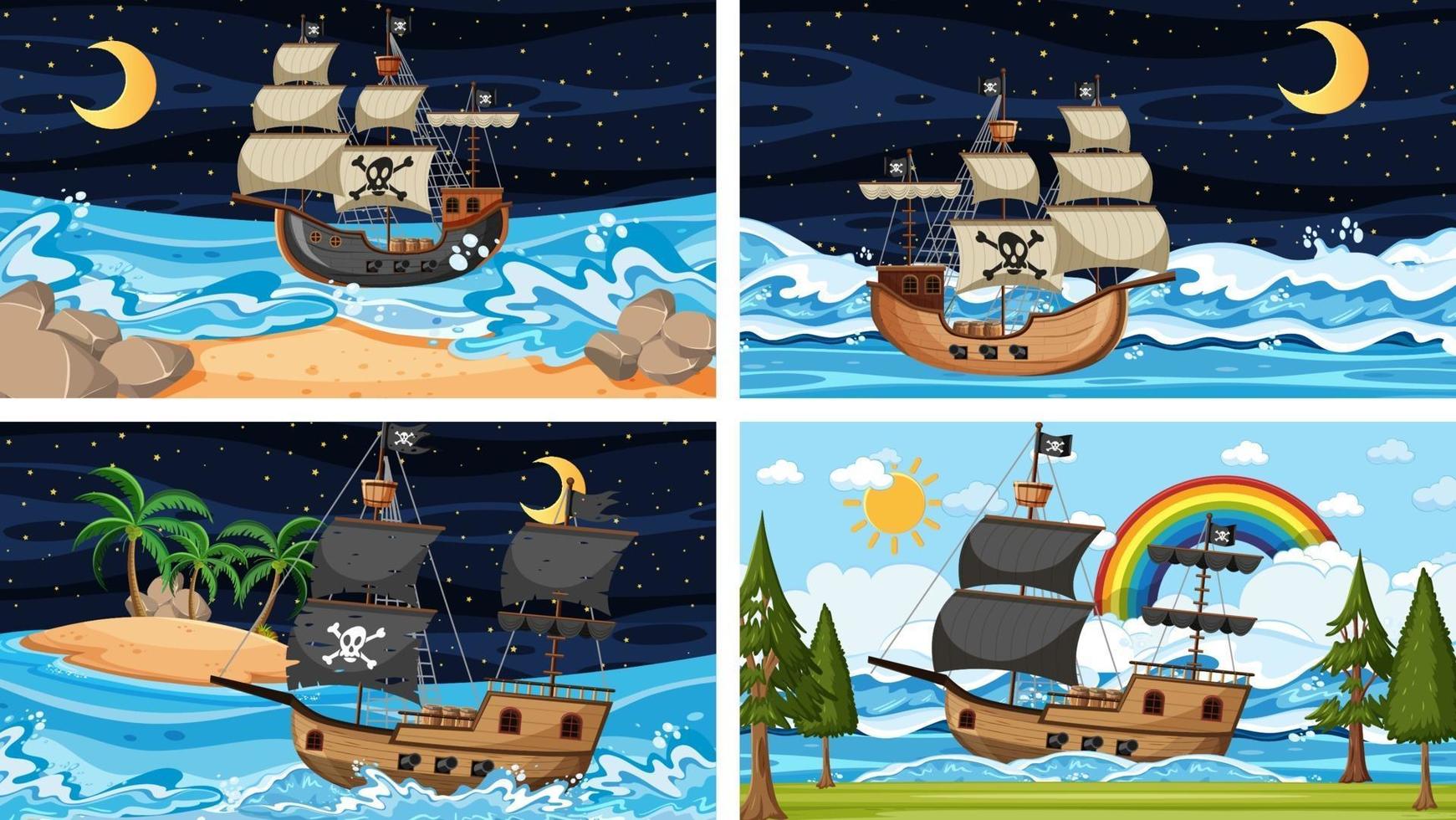 set van oceaan met piratenschip op verschillende tijdstippen scènes in cartoon-stijl vector