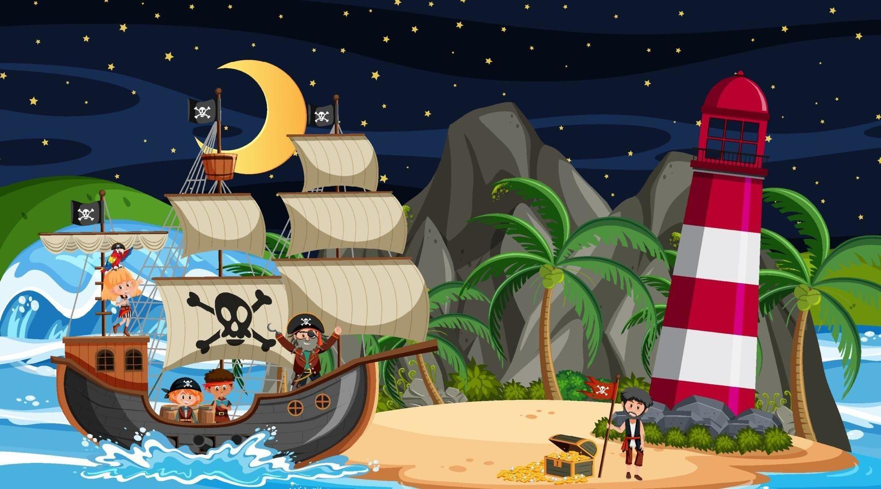 eiland met piratenschip bij nachtscène in cartoonstijl vector