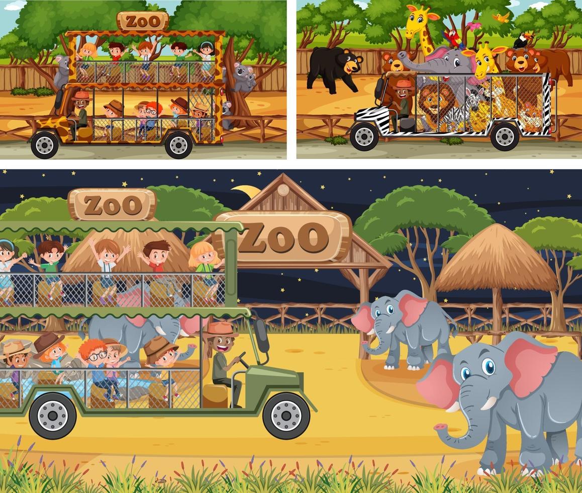 set van verschillende safari-scènes met dieren en kinderen stripfiguur vector