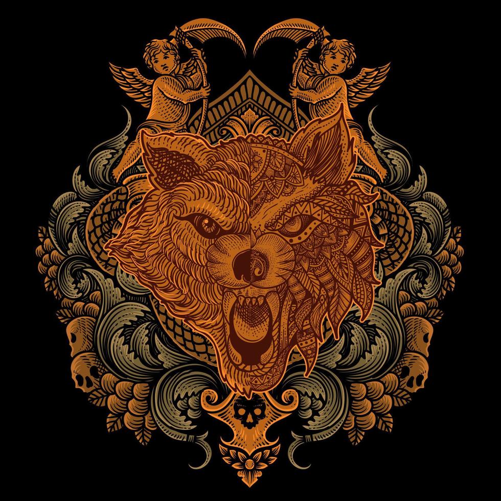 illustratie tribal wolf hoofd met wijnoogst gravure ornament perfect voor uw bedrijf en handelswaar vector