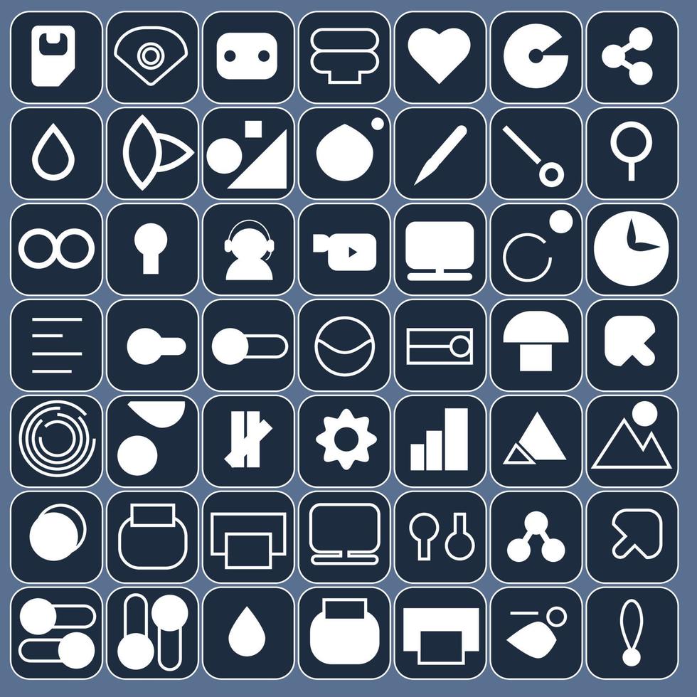 7x7 pictogrammen pak ontwerp bundel essentieel bedrijf, financiën, boekhouding, smartphone, gegevens basis, gebruiker koppel, gebruiker ervaringen, lakens, donker blauw en wit combinatie kleur vector