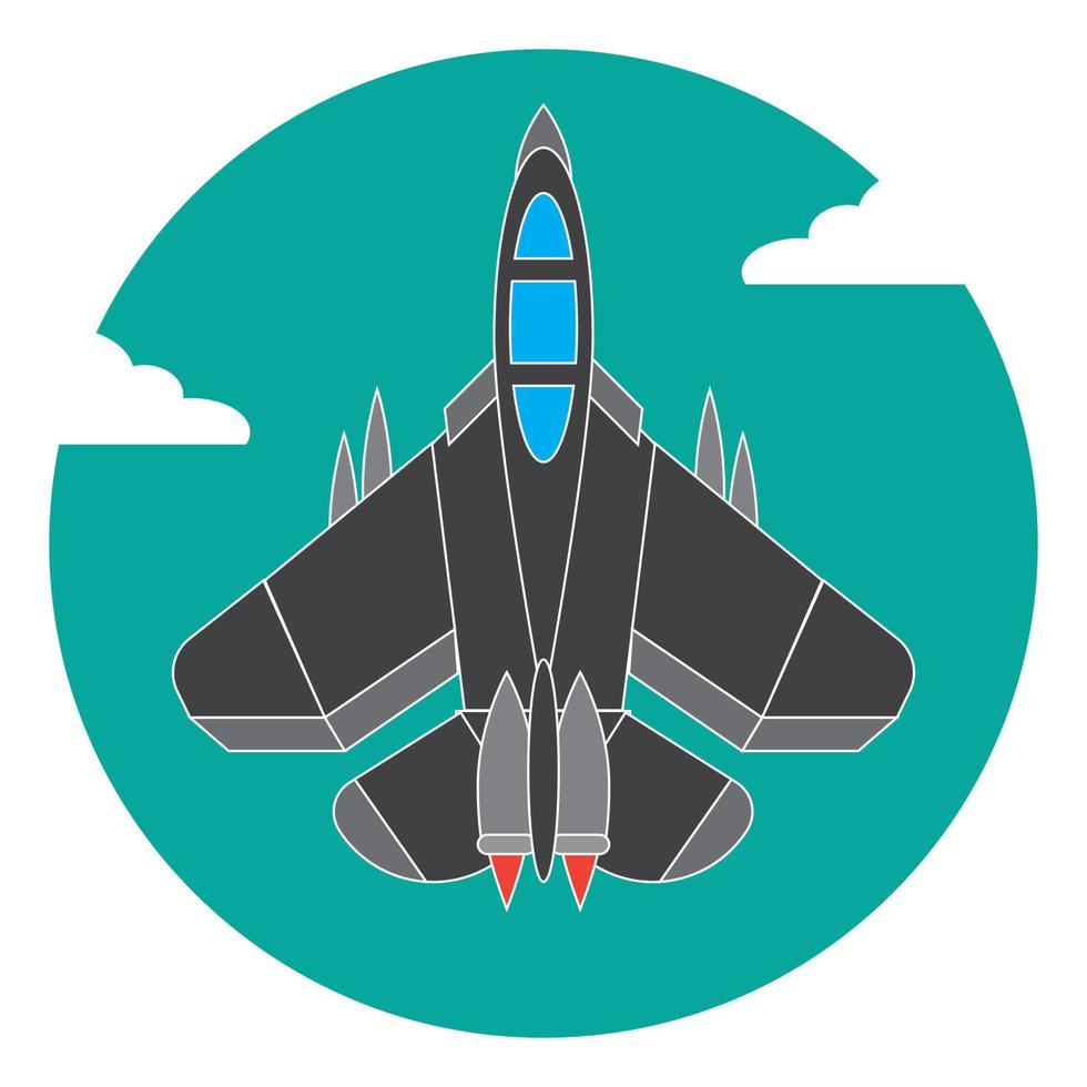 2d donker Jet vechter illustratie tekenfilm gemakkelijk en minimalistische icoon ontwerp, concept animatie spel, vliegend voorwerp in de lucht, koel aero vlak, met munt achtergrond en wolken vector