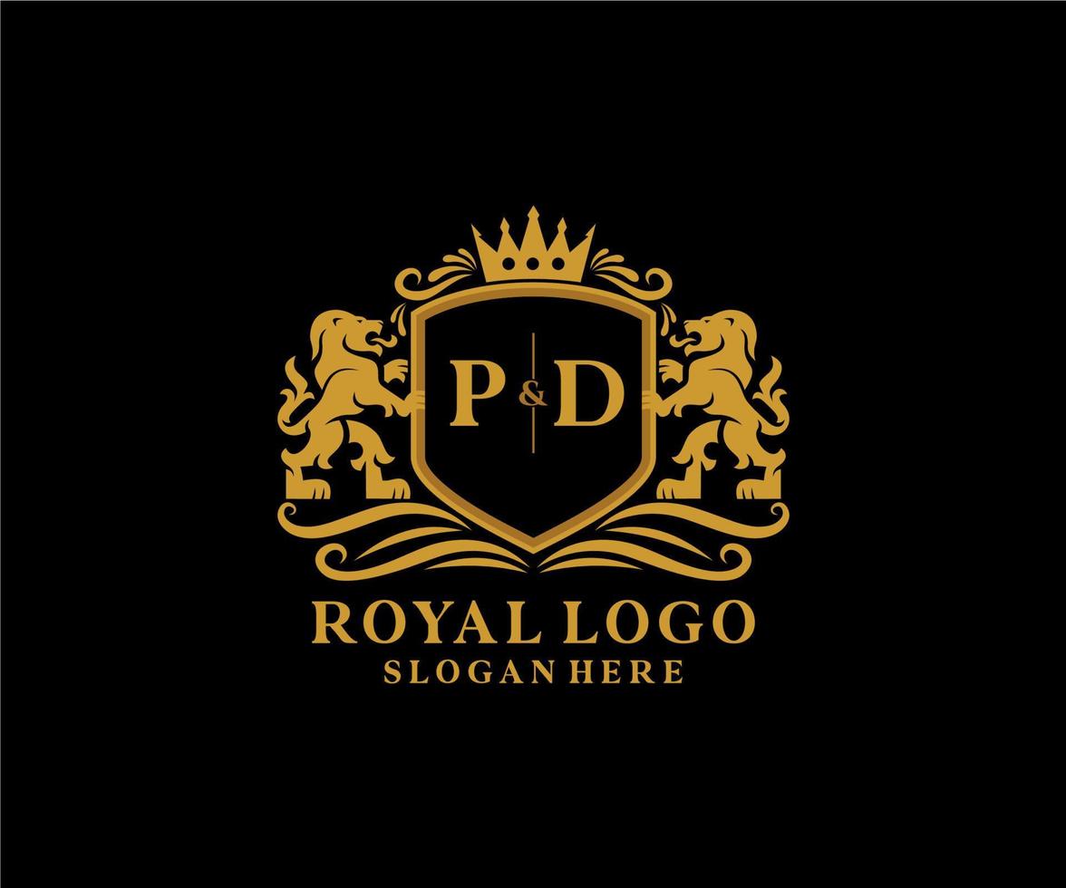 eerste pd brief leeuw Koninklijk luxe logo sjabloon in vector kunst voor restaurant, royalty, boetiek, cafe, hotel, heraldisch, sieraden, mode en andere vector illustratie.