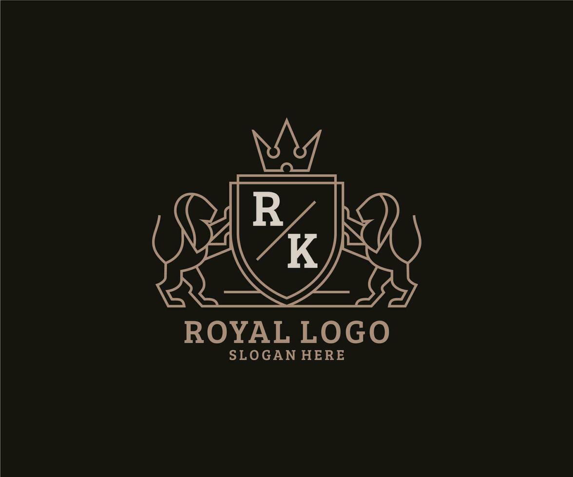 eerste rk brief leeuw Koninklijk luxe logo sjabloon in vector kunst voor restaurant, royalty, boetiek, cafe, hotel, heraldisch, sieraden, mode en andere vector illustratie.