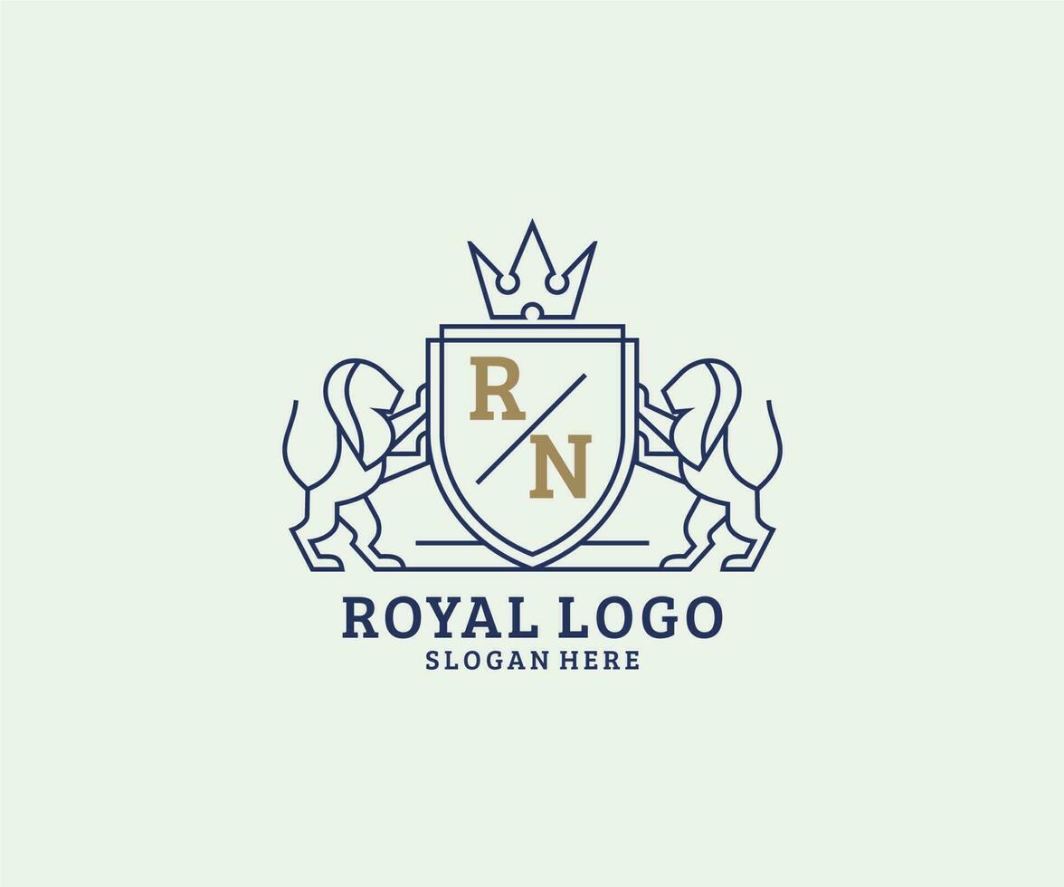 eerste rn brief leeuw Koninklijk luxe logo sjabloon in vector kunst voor restaurant, royalty, boetiek, cafe, hotel, heraldisch, sieraden, mode en andere vector illustratie.