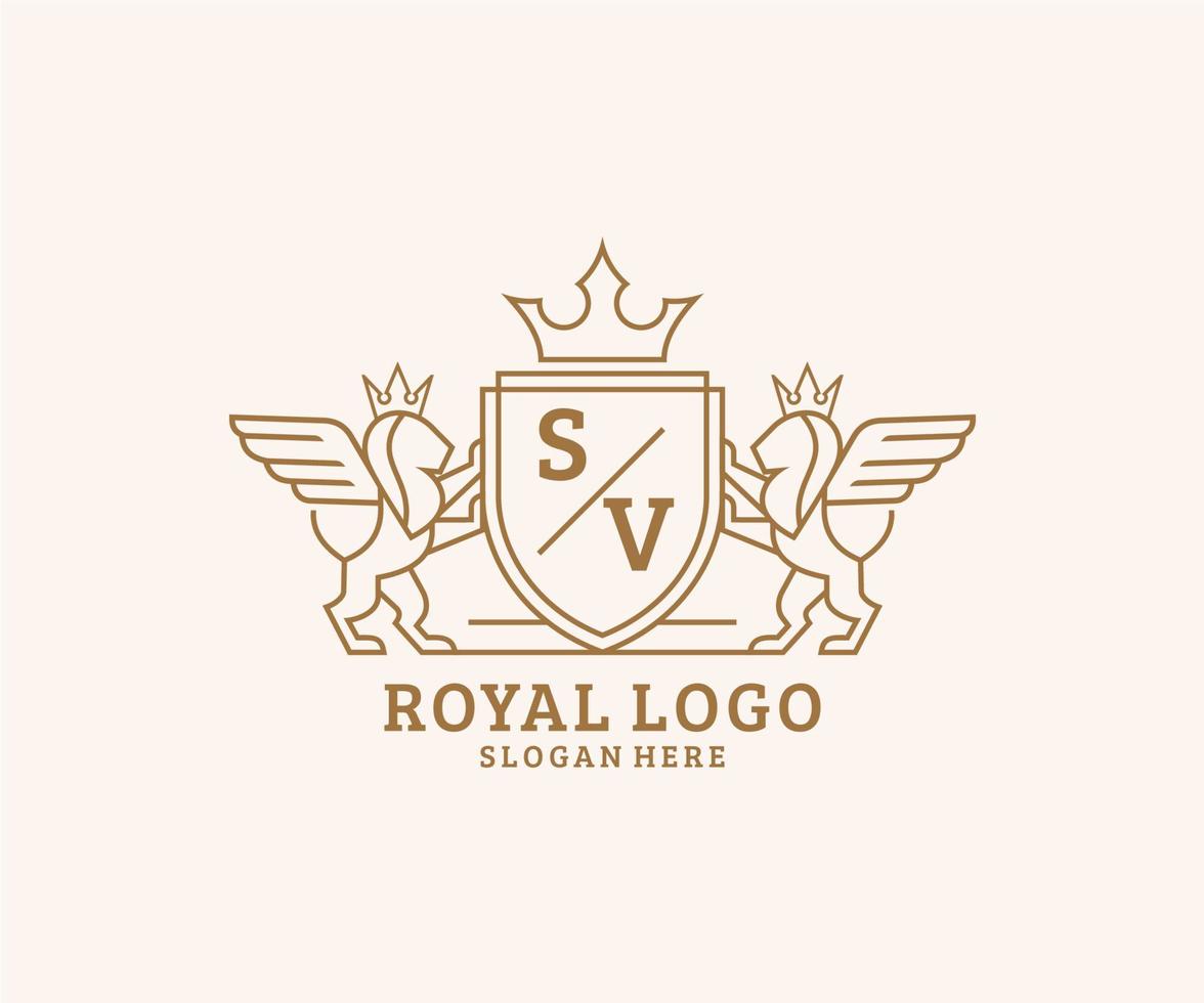 eerste sv brief leeuw Koninklijk luxe heraldisch, wapen logo sjabloon in vector kunst voor restaurant, royalty, boetiek, cafe, hotel, heraldisch, sieraden, mode en andere vector illustratie.