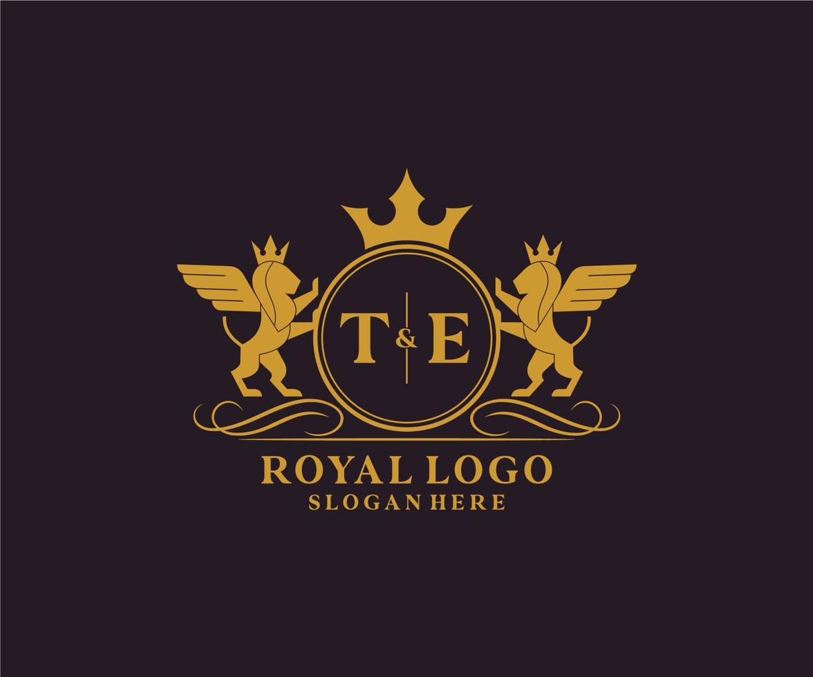 eerste te brief leeuw Koninklijk luxe heraldisch, wapen logo sjabloon in vector kunst voor restaurant, royalty, boetiek, cafe, hotel, heraldisch, sieraden, mode en andere vector illustratie.