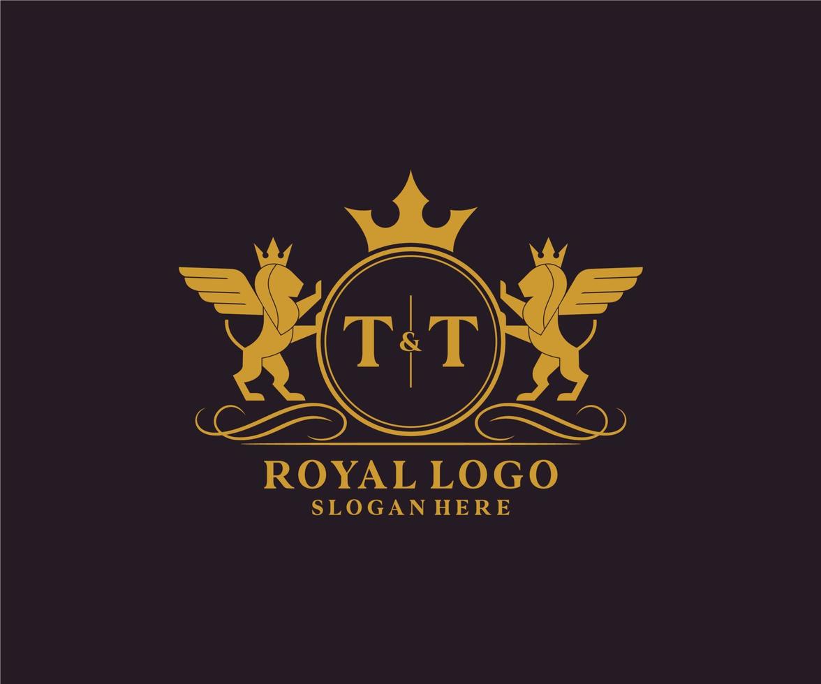 eerste tt brief leeuw Koninklijk luxe heraldisch, wapen logo sjabloon in vector kunst voor restaurant, royalty, boetiek, cafe, hotel, heraldisch, sieraden, mode en andere vector illustratie.