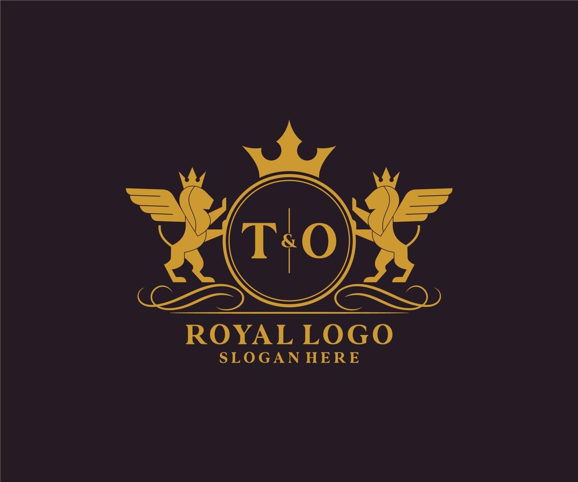 eerste naar brief leeuw Koninklijk luxe heraldisch, wapen logo sjabloon in vector kunst voor restaurant, royalty, boetiek, cafe, hotel, heraldisch, sieraden, mode en andere vector illustratie.