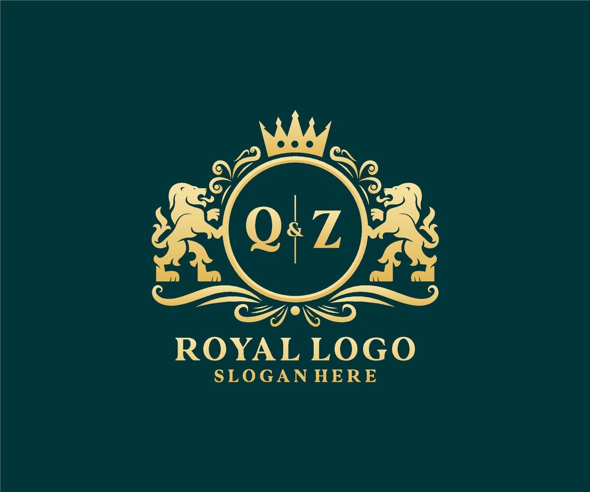 eerste qz brief leeuw Koninklijk luxe logo sjabloon in vector kunst voor restaurant, royalty, boetiek, cafe, hotel, heraldisch, sieraden, mode en andere vector illustratie.