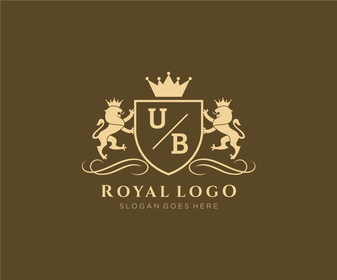 eerste ub brief leeuw Koninklijk luxe heraldisch, wapen logo sjabloon in vector kunst voor restaurant, royalty, boetiek, cafe, hotel, heraldisch, sieraden, mode en andere vector illustratie.