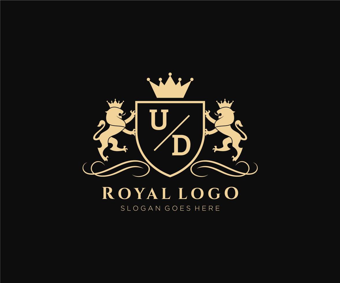 eerste ud brief leeuw Koninklijk luxe heraldisch, wapen logo sjabloon in vector kunst voor restaurant, royalty, boetiek, cafe, hotel, heraldisch, sieraden, mode en andere vector illustratie.