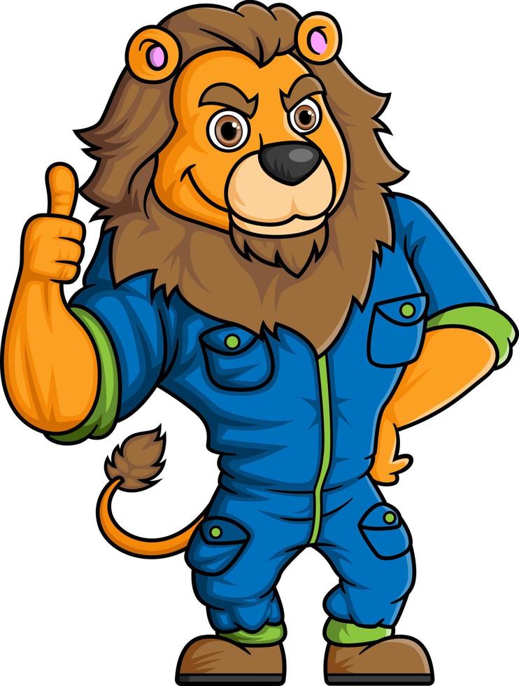 tekens een sterk leeuw draagt kostuum monteur uniform geven duimen omhoog vector