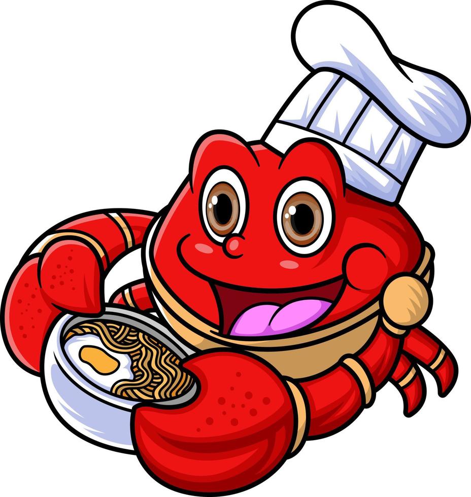 de mascotte karakter van een schattig krab werken net zo een professioneel chef was draag- kommen van heel smakelijk noedels vector