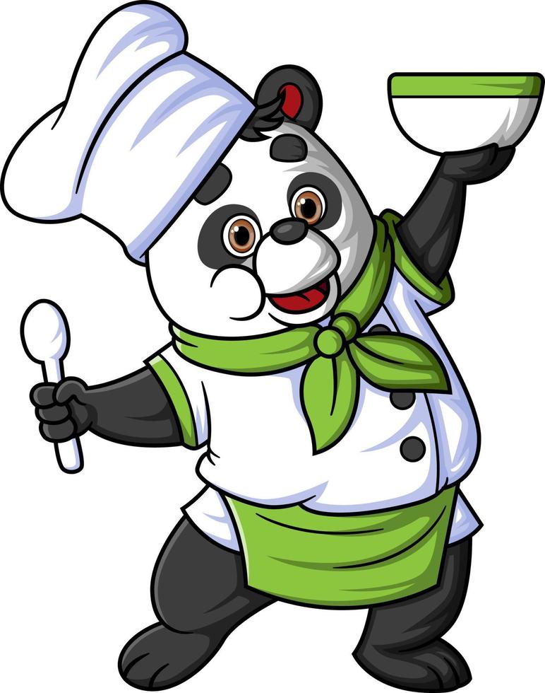 een tekenfilm panda vervelend een chef-kok kleding, poseren met een lepel en een kom van soep vector