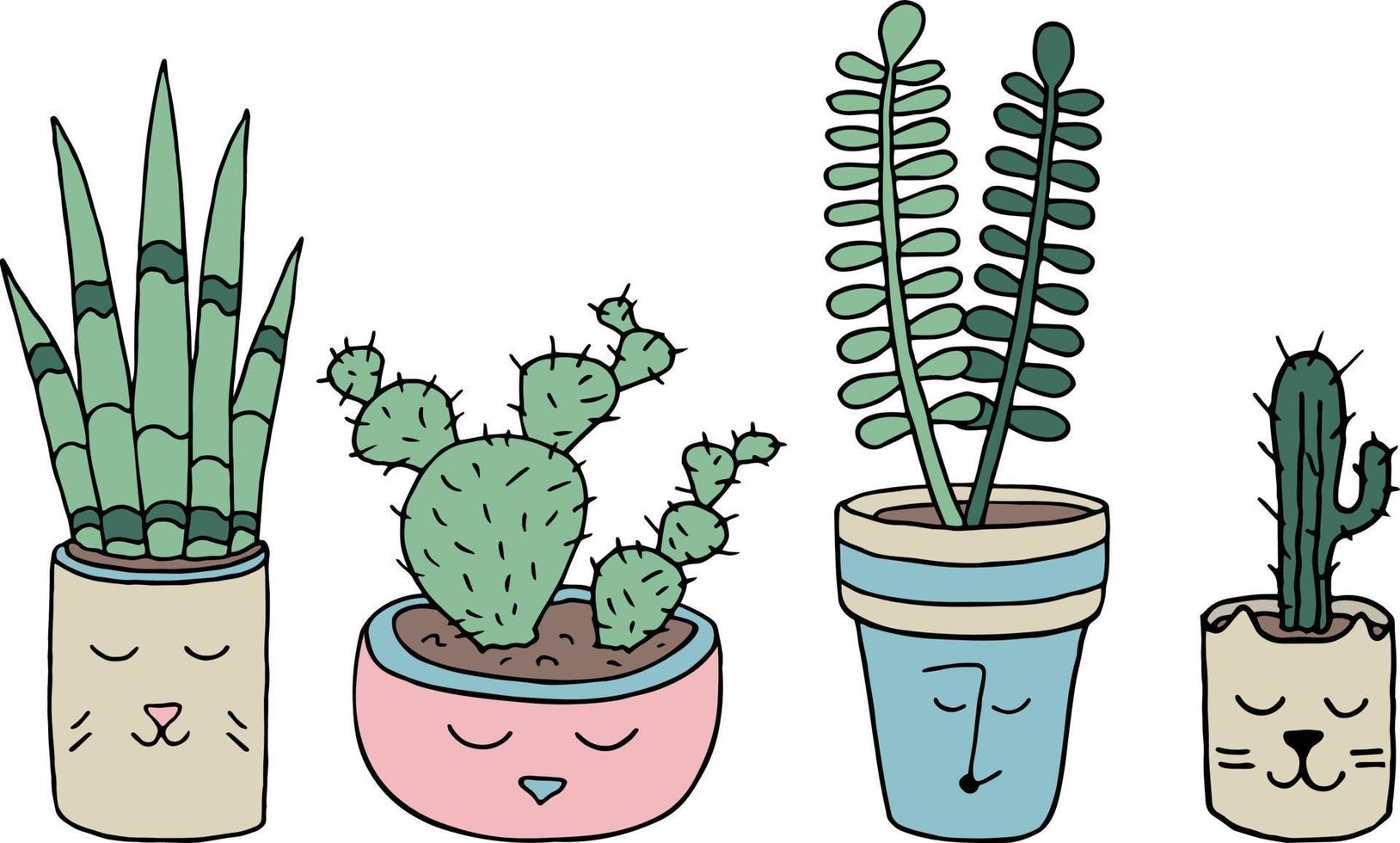 een reeks van ingemaakt kamerplanten. knus illustratie met schattig binnen- planten vector