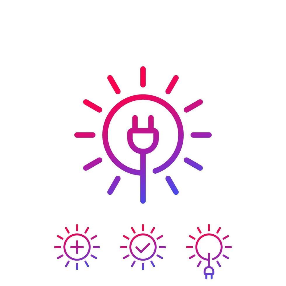 zonne-energie, zon en stekker, vector lineair logo en pictogrammen
