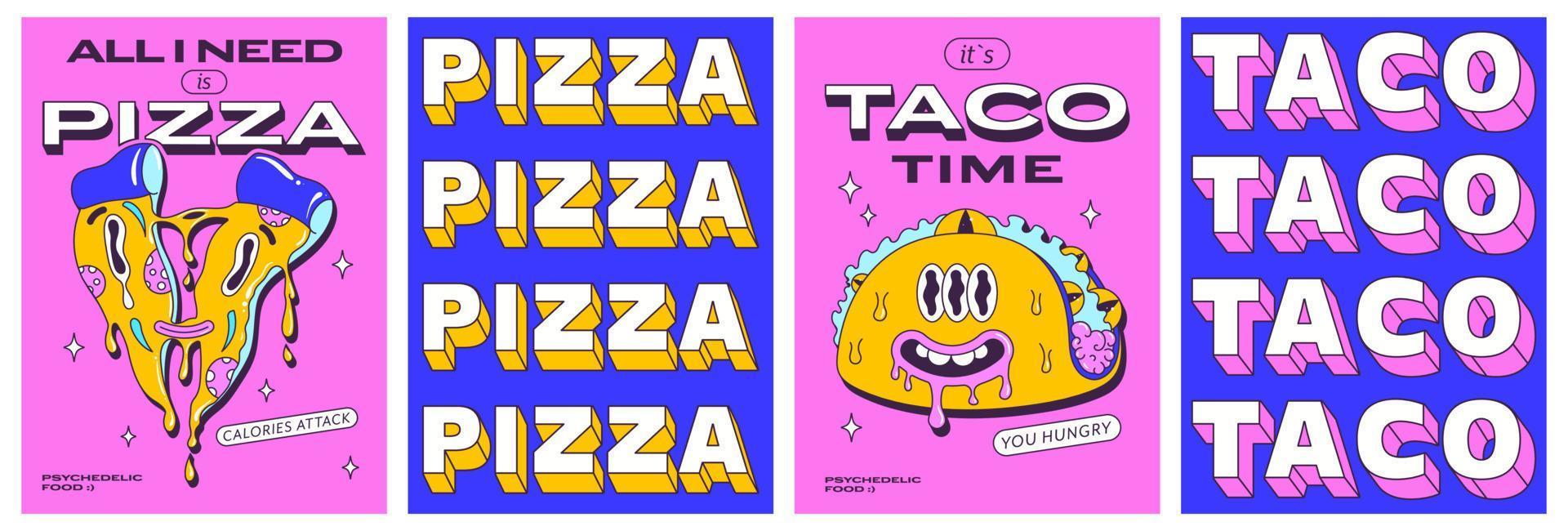 modieus psychedelisch posters reeks met grappig snel voedsel karakters. trippy pizza plak en gek modern taco. voorkant en terug kant poster ontwerp. vector illustratie.