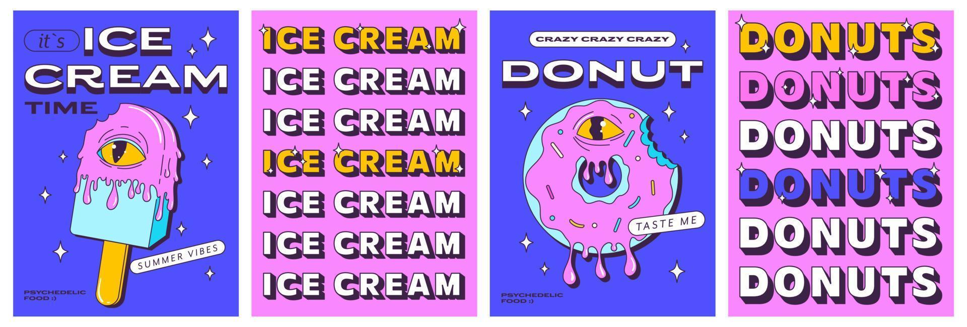 modieus psychedelisch posters reeks met grappig snel voedsel karakters. trippy ijs room en gek modern donut. raar geel oog. voorkant en terug kant poster ontwerp. vector illustratie.