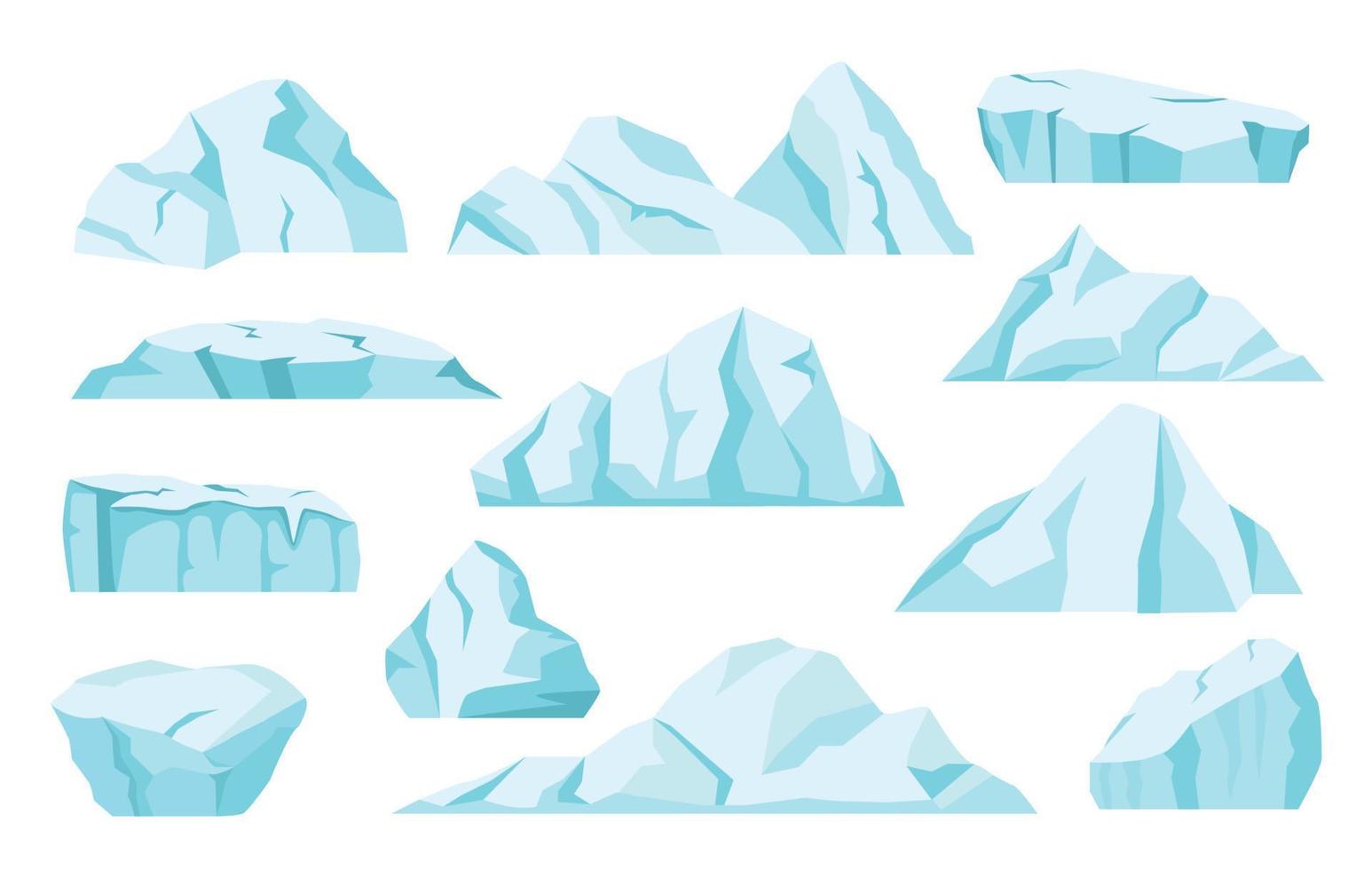 tekenfilm ijsbergen, arctisch ijs rotsen, antarctisch gletsjers. noorden pool bevroren ijzig berg, ijs ijsschots, drijvend ijsberg, bevroren blokken vector reeks