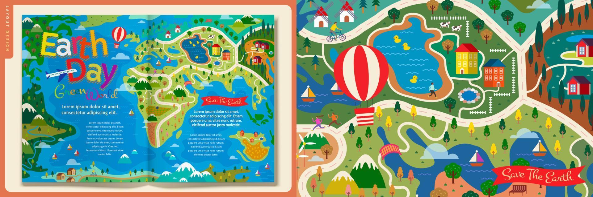 wereld aarde dag artikel tijdschrift sjabloon ontwerp in vlak stijl met wereld kaart vector