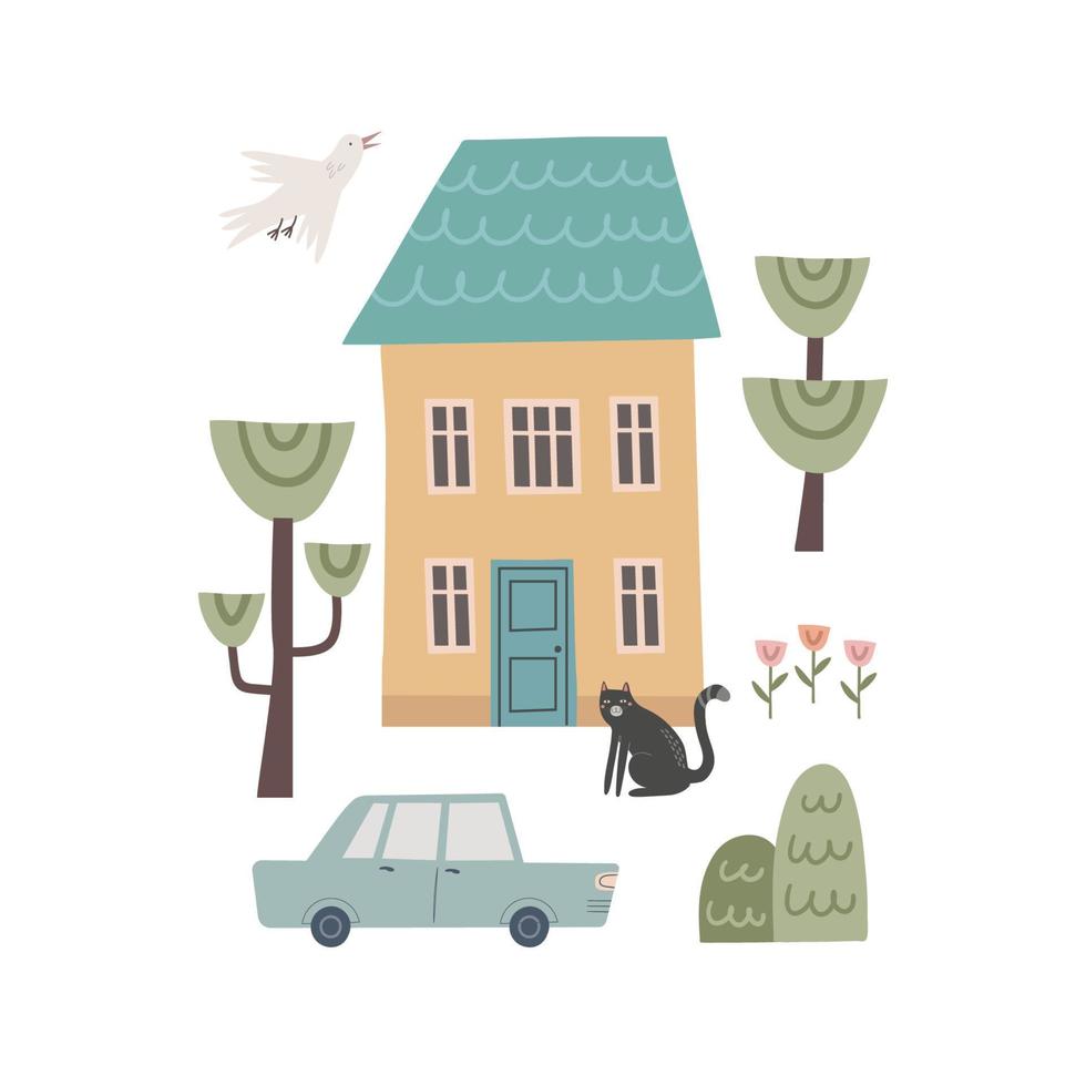 vector tekenfilm illustratie van schattig huis en kat. hand- getrokken stad modern appartementen Aan wit achtergrond. kinderkamer concept voor beddengoed, poster