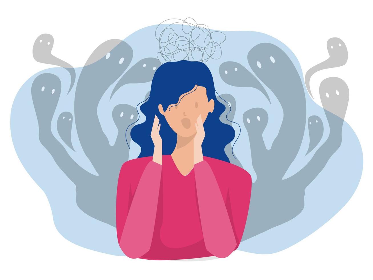 angst aanval concept meisje zittend Aan verdieping en worstelen met binnenste angsten en psychologisch aandoeningen problemen met mentaal Gezondheid en psychologie. fobie tekenfilm vlak vector illustratie