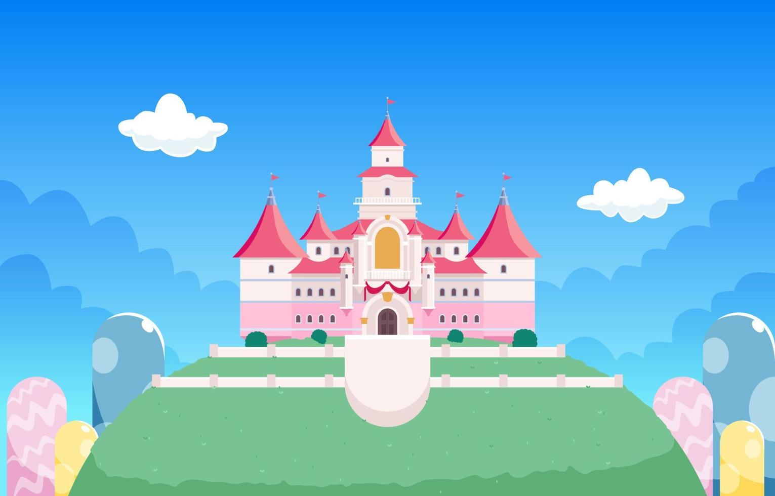 prachtig kasteel Aan een heuvel in een fantasie wereld achtergrond vector