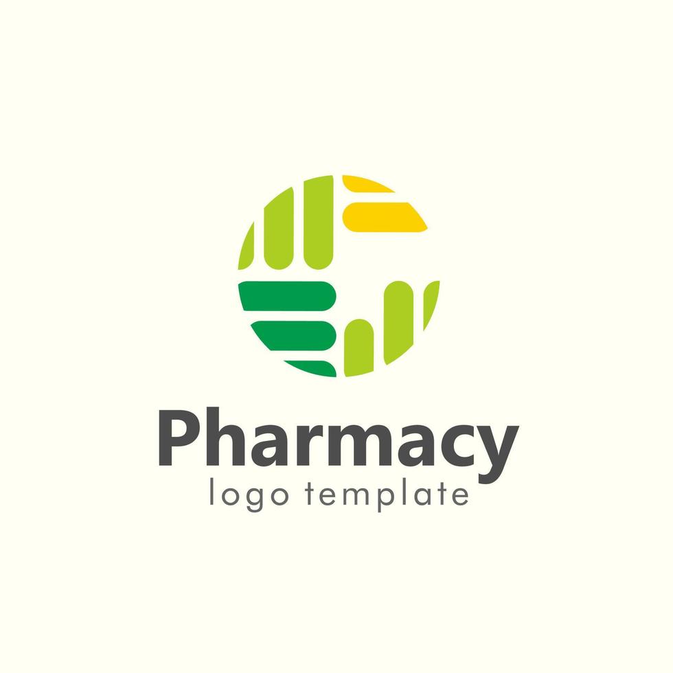 Gezondheid logo ontwerp voor ziekenhuis, kliniek, apotheek, of Gezondheid producten en bedrijf bedrijf, met geel naar groen cirkel vorm met geneeskunde capsule verzameling vorm vector